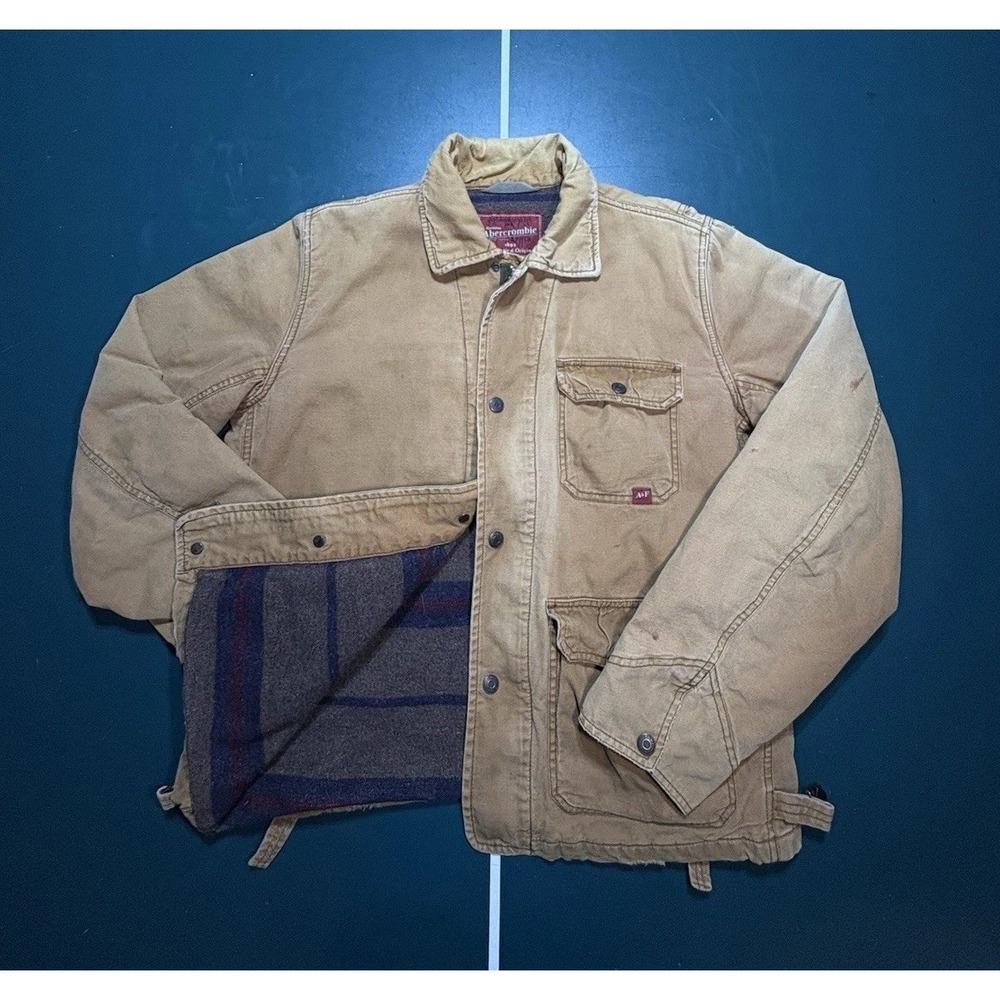 Vintage Abercrombie & Fitch Canvas Chore‎ Coat Jacket Men's L Wool Blanket Lined